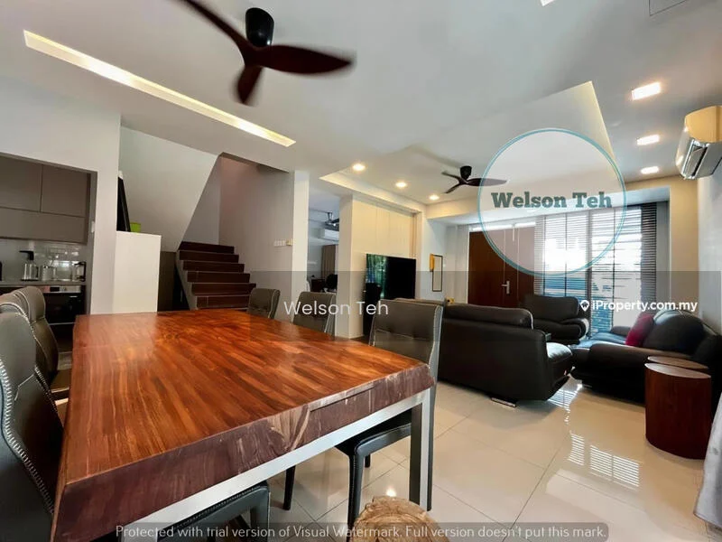 Living features: 3-blade ceiling fan, sofa in dark leather, coffee table in wood, wall-mounted TV, recessed downlights, large windows with blinds, open layout to dining area, polished tile flooring, decorative wall art; style: modern. Dining features: dining table in wood, 8 dining chairs in black leather, pendant lighting above table, open layout to living area, polished tile flooring; style: modern.