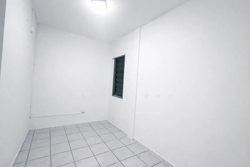 Room features: white painted walls, tile flooring, single window with louvered shutters, ceiling light fixture, corner room.