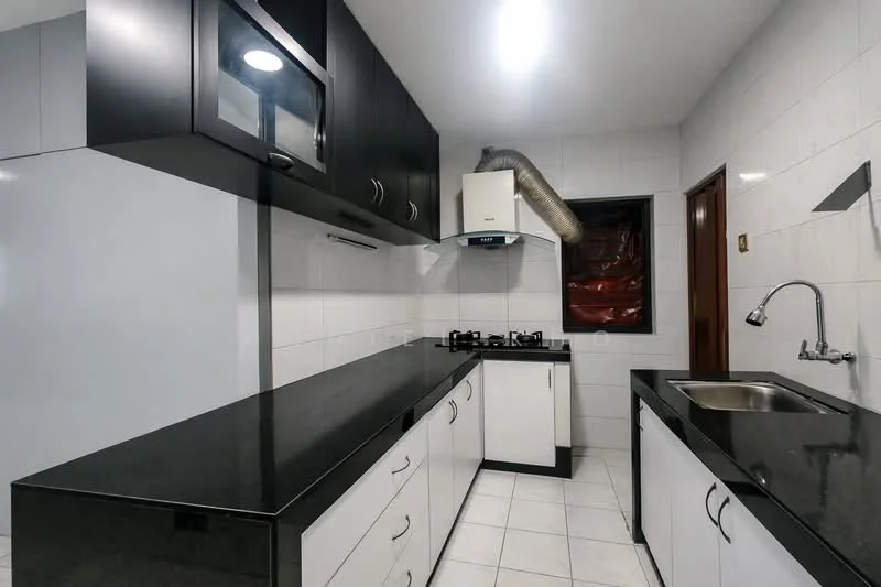 Kitchen features: black granite countertop, white cabinetry with flat-panel doors, stainless-steel sink, chrome pull-down faucet, built-in microwave, gas stove with 4 burners, exhaust hood, white tiled walls, white tiled flooring, window with dark treatment, recessed ceiling lights; style: modern.