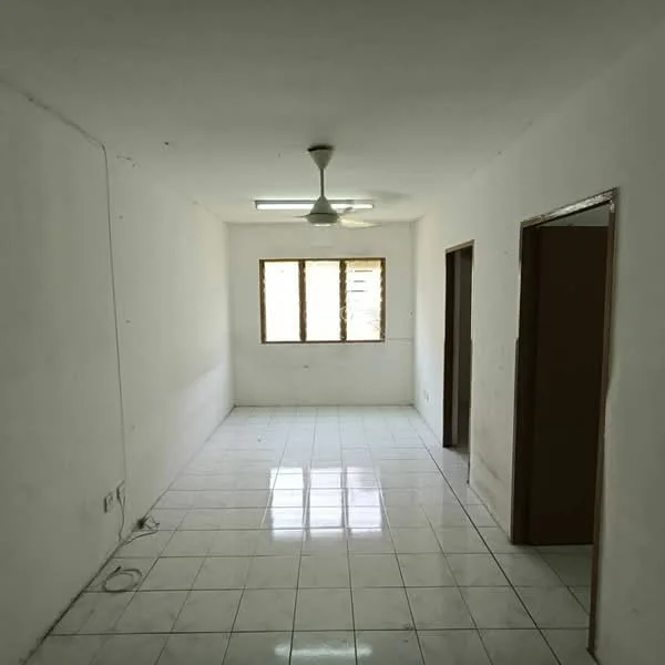 Room features: white painted walls, glossy white tile flooring, ceiling fan, single window, two doorways, natural light from window.