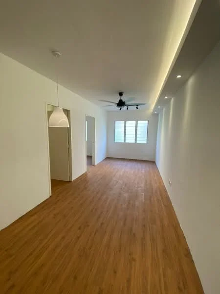 Room features: light wood laminate flooring, white painted walls, recessed LED downlights, 5-blade ceiling fan, pendant light fixture, window with horizontal slats, open layout, no visible furniture; style: modern.