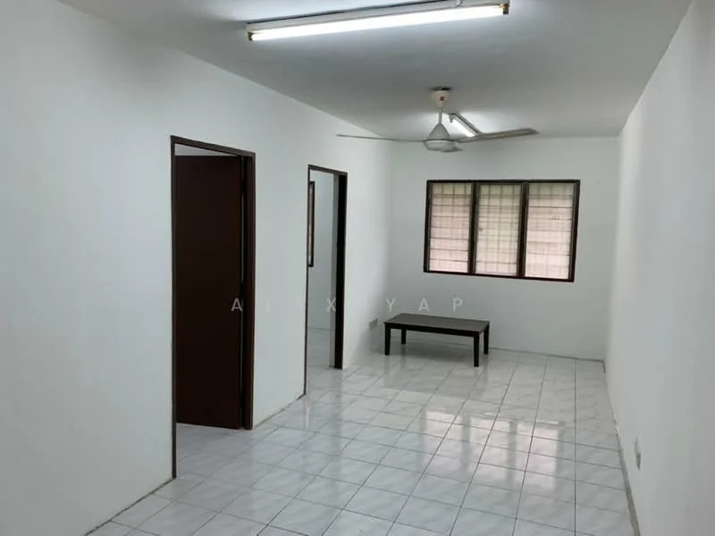 Room features: white painted walls, white tiled flooring, ceiling fan, 2 doors leading to other rooms, 1 window with grid pattern, fluorescent ceiling lights, coffee table.