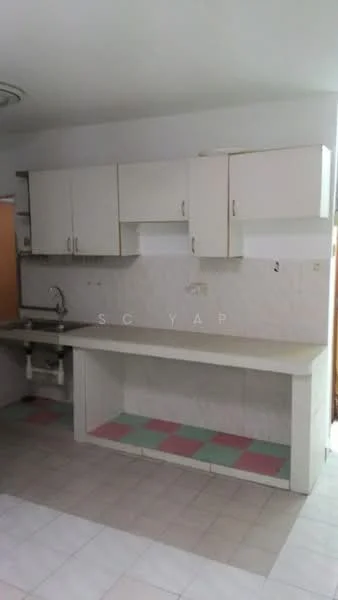 Kitchen features: white cabinetry, single-bowl stainless-steel sink, chrome pull-down faucet, laminate countertop, white tiled backsplash, light-colored tiled flooring, open shelving, wall-mounted cabinets, under-sink storage, kitchen island with seating area.