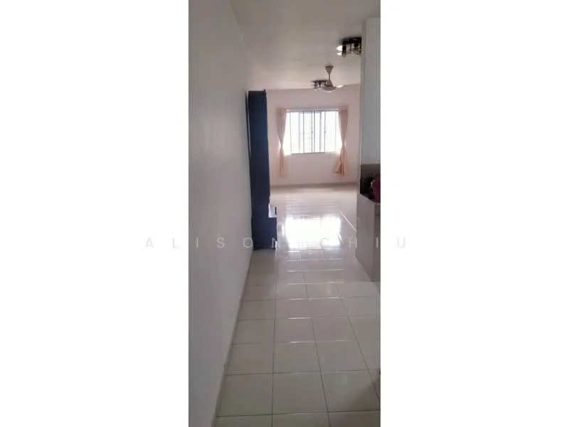 Room features: white painted walls, tiled flooring, ceiling fan, large window with sheer curtains, natural light, open layout, neutral color scheme; style: modern.