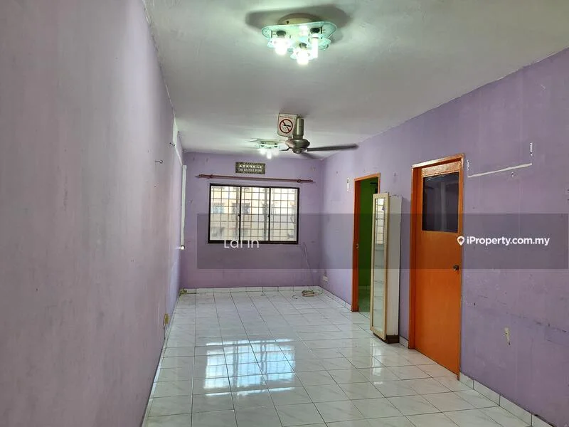 Room features: purple painted walls, white tiled flooring, ceiling light fixture, 5-blade ceiling fan, window with security bars, wooden door, glass-front cabinet, door frame painted orange; style: minimalist.