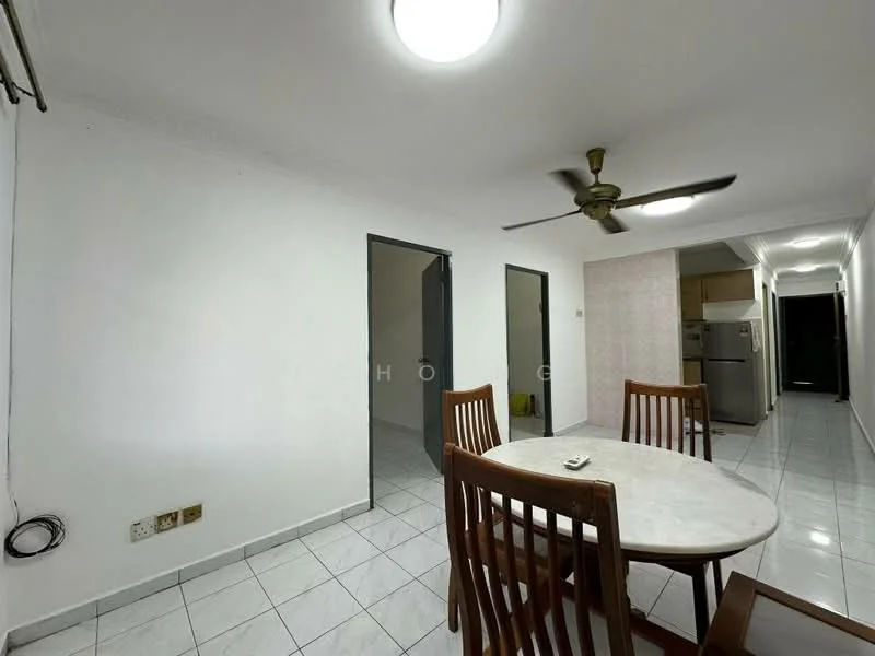 Dining features: round dining table with marble top, 4 wooden dining chairs, white painted walls, white tiled flooring, ceiling fan with light, light fixture on ceiling, doorway leading to hallway, doorway leading to kitchen, open layout. Hallway features: white painted walls, white tiled flooring, doorway leading to kitchen, doorway leading to other rooms, light fixture on ceiling.