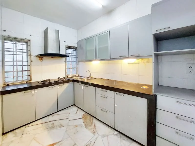 Kitchen features: grey cabinetry, black countertop, stainless-steel range hood, 2-burner gas hob, double-bowl stainless-steel sink, wall-mounted faucet, white tiled walls, marble tile flooring, window with metal grilles, built-in cabinets, open shelving; style: modern.