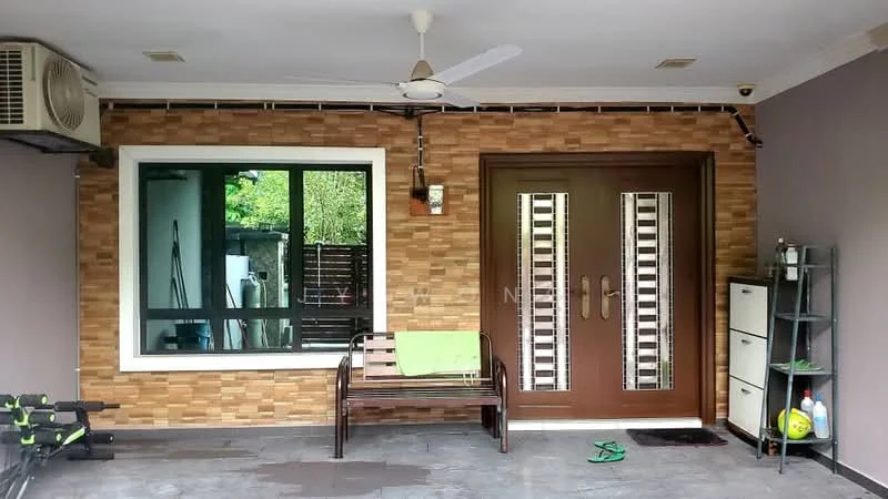 Room features: exposed brick accent wall, grey painted walls, sliding glass door, floor-to-ceiling window, ceiling fan, wall-mounted split AC, wooden bench, dark wood front door with glass panels, white cabinet, black shelving unit, grey stone flooring; style: modern; view: garden.
