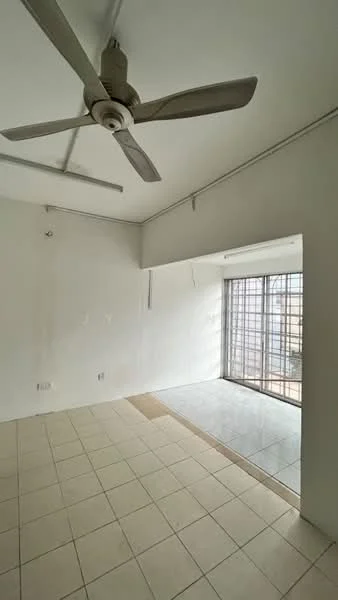 Room features: white painted walls, ceiling fan, tiled flooring, large window with grid design, natural light from window, corner space, neutral color scheme, open layout; style: modern; view: city.