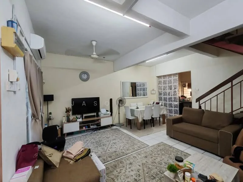 Living features: 3-seater fabric sofa in brown, 2-seater fabric sofa in beige, coffee table, TV console, wall-mounted TV, area rug with geometric pattern, ceiling fan, wall-mounted air conditioning unit, decorative wall clock, light-colored walls, white tiled flooring, dining table with 4 chairs, mirror on wall; style: modern.