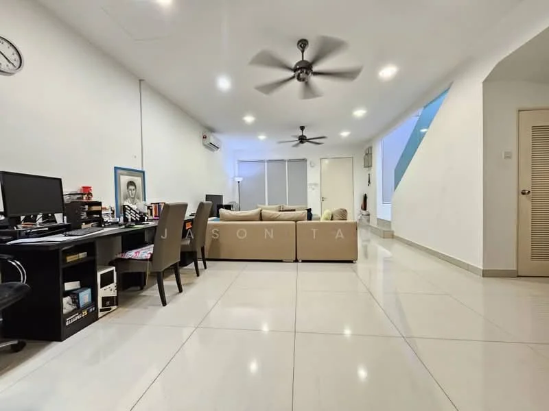Living features: cream painted walls, white ceiling, recessed downlights, 2 ceiling fans, large windows with natural light, light-colored tiled flooring, sofa set in beige, coffee table, computer desk with chair, wall clock, decorative artwork, built-in storage cabinets; style: modern.
