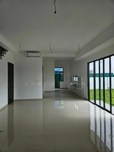Room features: white painted walls, polished ceramic tile flooring, 1 wall-mounted split AC, floor-to-ceiling glass sliding doors, green lawn visible through glass doors, recessed ceiling lights, open space layout, single window, no visible furniture; style: modern; view: garden.