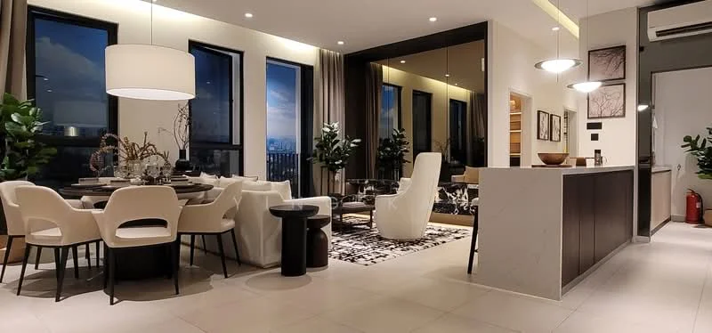 Living features: dining table for 6 with upholstered chairs, white fabric sofa, black accent table, area rug with geometric pattern, floor-to-ceiling windows, city view, recessed downlights, decorative wall art, indoor plants, open layout, marble countertop on kitchen island, built-in shelving, wall-mounted air conditioning unit; style: modern; view: city.