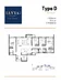 Floor plan: 3-bedroom 2-bathroom unit; features: open-plan kitchen-dining-living, master bedroom with ensuite bathroom, bedroom 2 with shared bathroom, utility room, balcony off living room, central foyer, 2 car porch, 1,200 sqft built-up.