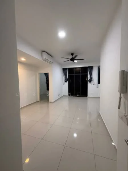 Living features: white painted walls, glossy ceramic tile flooring, recessed downlights, 5-blade ceiling fan, floor-to-ceiling windows, blackout curtains, air conditioning unit, open layout; style: modern.