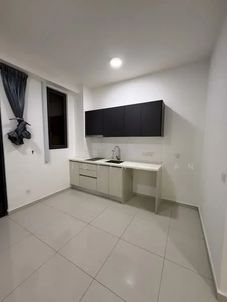 Kitchen features: white cabinets, black upper cabinets, single-bowl stainless-steel sink, chrome pull-down faucet, white countertop, grey tiled flooring, recessed ceiling lights, window with sheer curtains; style: modern.