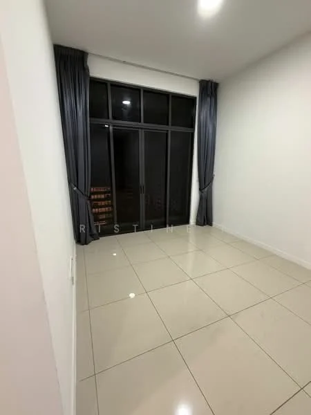Room features: white painted walls, glossy tile flooring, floor-to-ceiling windows, blackout curtains, recessed lighting; style: modern.
