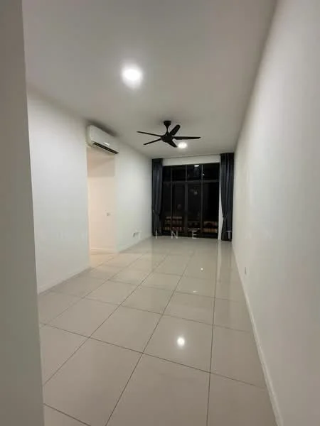 Living features: white painted walls, glossy ceramic tile flooring, 5-blade ceiling fan with light, floor-to-ceiling windows, blackout curtains, air conditioning unit, recessed downlights; style: modern; view: city.