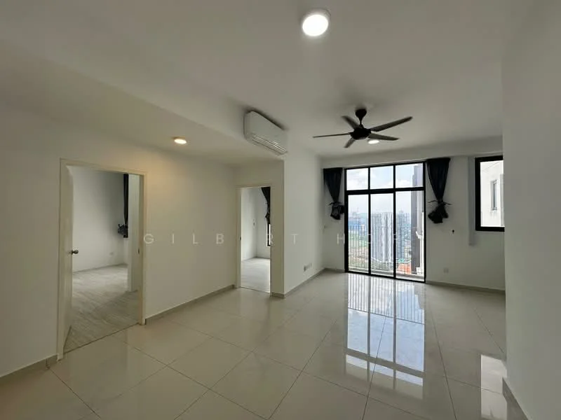 Room features: white painted walls, glossy ceramic tile flooring, 5-blade ceiling fan with light, floor-to-ceiling windows, blackout curtains, air conditioning unit, recessed downlights, open layout, natural light from windows; style: modern; view: city.