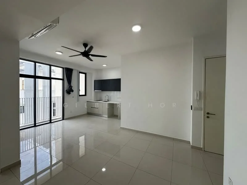 Living features: floor-to-ceiling windows, sliding glass door, 5-blade ceiling fan with light, recessed LED downlights, white painted walls, glossy ceramic tile flooring, kitchenette with cabinetry, stainless-steel sink, built-in countertop, open layout, balcony access; style: modern; view: city.