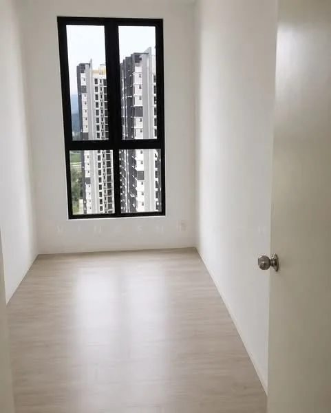 Room features: white painted walls, light wood laminate flooring, floor-to-ceiling windows, city view, single door, no visible furniture; style: modern; view: city.