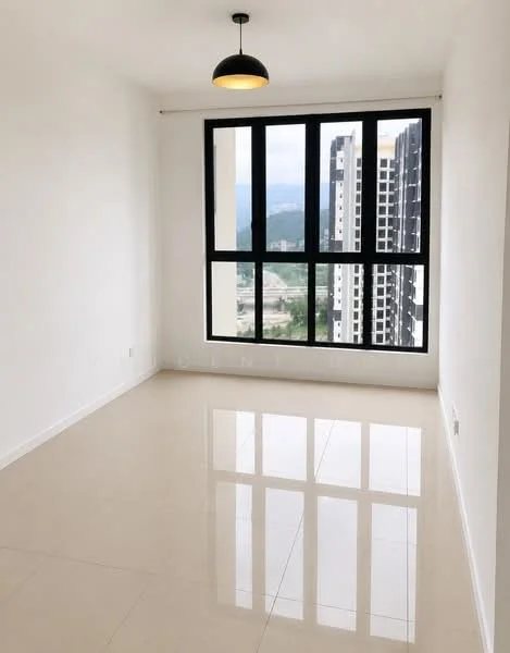 Room features: white painted walls, glossy ceramic tile flooring, large floor-to-ceiling windows, black window frames, single pendant light fixture, mountain view visible through windows, neutral color scheme, open space layout; style: modern; view: mountain.