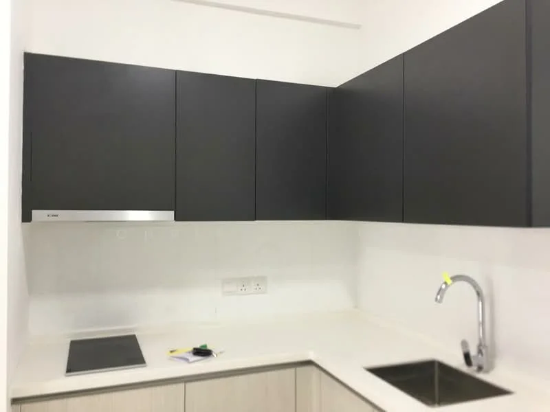 Kitchen features: black flat-panel cabinets, white quartz countertop, single-bowl stainless-steel sink, chrome pull-down faucet, built-in induction cooktop, white tiled backsplash, under-cabinet lighting; style: modern.