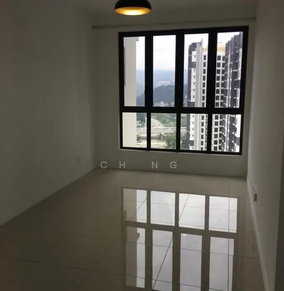 Room features: white painted walls, glossy tile flooring, floor-to-ceiling windows, city view, recessed ceiling light; style: modern; view: city.