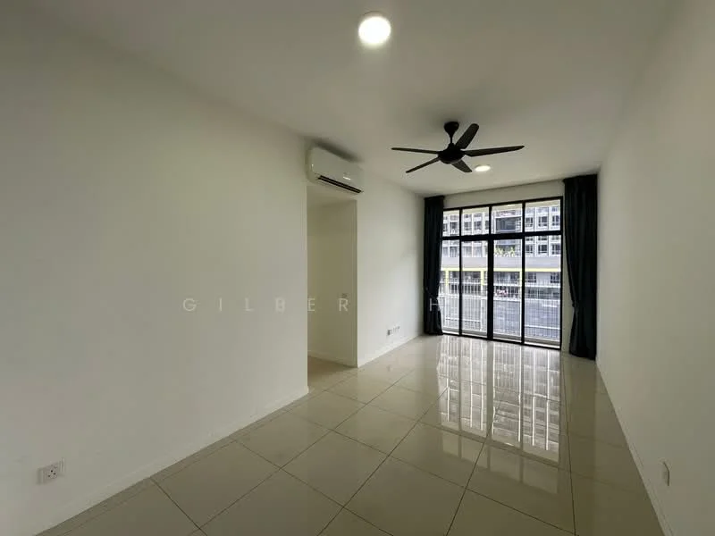 Living features: white painted walls, glossy ceramic tile flooring, 5-blade ceiling fan with light, floor-to-ceiling windows, blackout curtains, air conditioning unit, natural light, view of the street; style: modern; view: city.