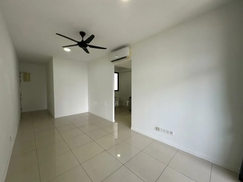 Room features: white painted walls, glossy ceramic tile flooring, 5-blade ceiling fan with light, recessed LED downlights, wall-mounted split AC, large window, neutral color scheme; style: modern.