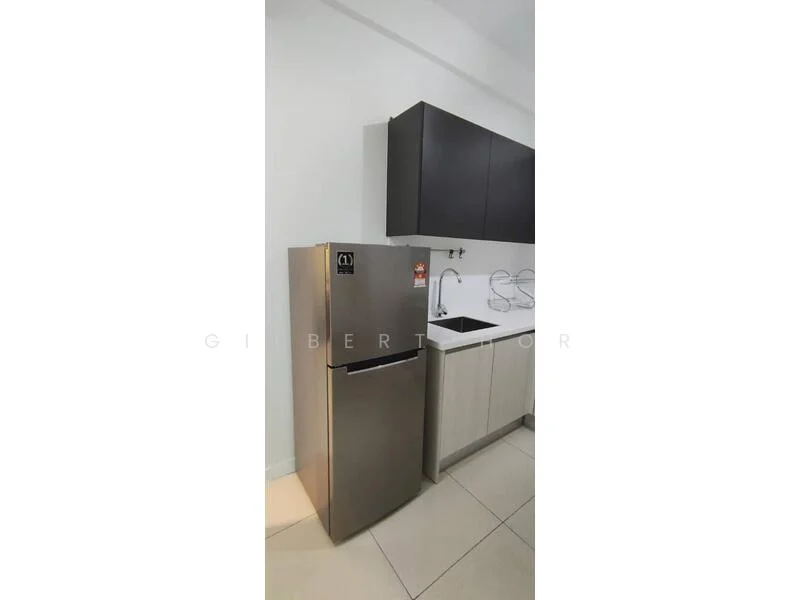 Kitchen features: stainless-steel fridge, single-bowl stainless-steel sink, chrome pull-down faucet, flat-panel black cabinets, light grey lower cabinets, white walls, tile flooring, countertop with backsplash; style: modern.
