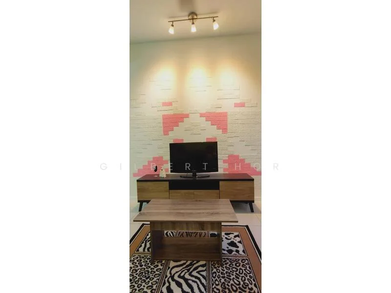 Living features: TV console with wooden finish, wall-mounted TV, decorative wall with patterned design, recessed lighting, coffee table, area rug with animal print, light-colored tiled flooring; style: modern.