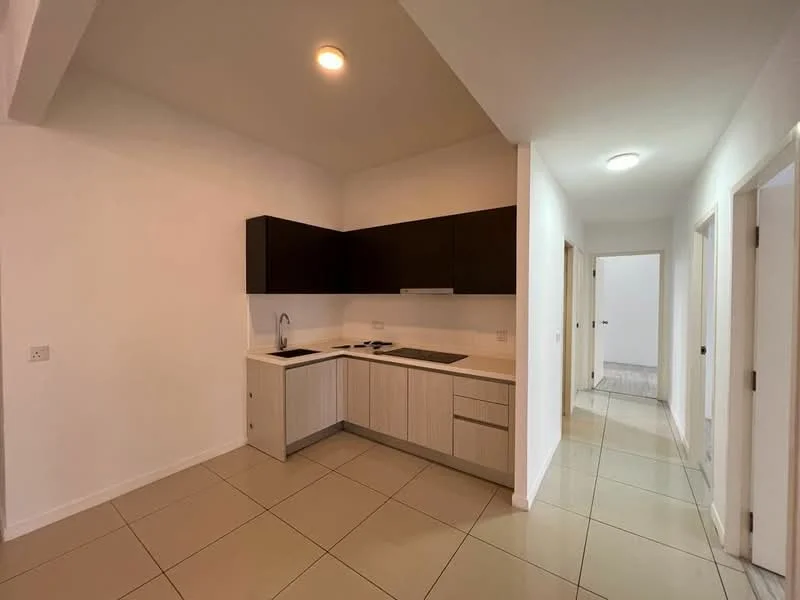 Kitchen features: L-shaped kitchen layout, dark wood cabinetry, light wood lower cabinets, stainless-steel sink, chrome faucet, built-in cooktop, wall-mounted range hood, white tiled backsplash, ceramic tile flooring, recessed ceiling lights; style: modern. Hallway features: white painted walls, ceramic tile flooring, doorways leading to other rooms, recessed ceiling light; style: modern.