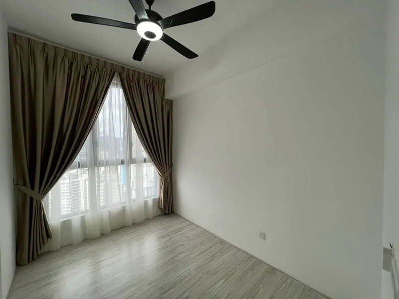Room features: light wood laminate flooring, white painted walls, floor-to-ceiling windows, sheer curtains, dark brown curtains, 5-blade ceiling fan with light; style: modern; view: city.
