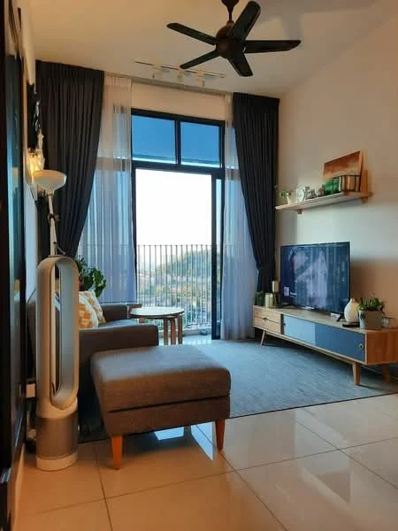 Living features: 5-blade ceiling fan with light, floor-to-ceiling windows, grey fabric sofa, wooden coffee table, wall-mounted TV, TV console with storage, area rug, decorative plants, curtains, light-colored walls, tile flooring; style: modern; view: city.