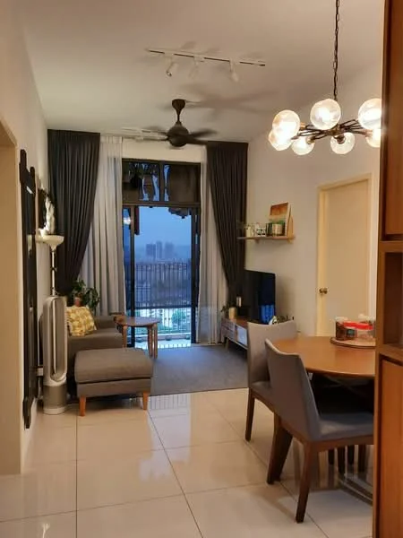 Living features: grey fabric armchair, 3-blade ceiling fan, chandelier with multiple bulbs, floor-to-ceiling windows, sheer curtains, blackout curtains, wooden dining table, upholstered dining chairs, wall-mounted TV, open shelving, decorative wall art, tile flooring, recessed downlights; style: modern; view: city.