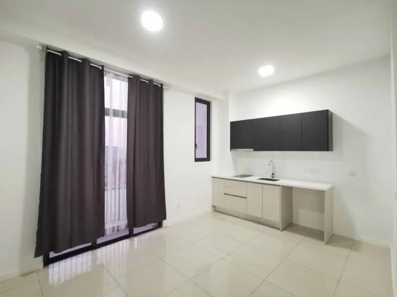 Kitchen features: white painted walls, grey cabinetry, white countertop, single-bowl stainless-steel sink, chrome pull-down faucet, floor-to-ceiling window, black curtains, ceramic tile flooring, recessed LED downlights; style: modern; view: city.