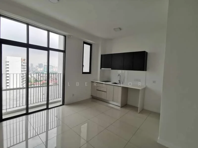 Kitchen features: white painted walls, glossy tile flooring, black upper cabinets, light wood lower cabinets, single-bowl stainless-steel sink, chrome pull-down faucet, white countertop, built-in kitchen cabinet, floor-to-ceiling windows, city view; style: modern; view: city.