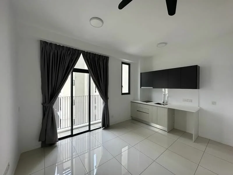 Kitchen features: white painted walls, grey cabinetry, black upper cabinets, white lower cabinets, single-bowl stainless-steel sink, chrome pull-down faucet, countertop with backsplash, ceramic tile flooring, floor-to-ceiling windows, sliding glass door, sheer curtains, recessed downlights, ceiling fan; style: modern.