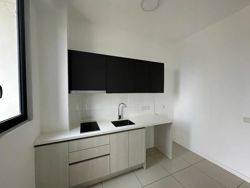 Kitchen features: black upper cabinets, light wood lower cabinets, white countertop, double-bowl sink, chrome faucet, white tiled backsplash, tile flooring, window with black frame; style: modern.