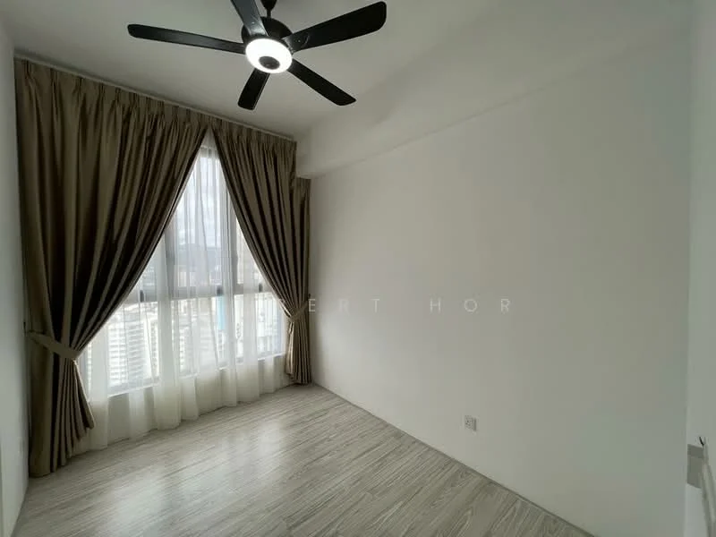 Room features: white painted walls, laminate flooring, floor-to-ceiling windows, sheer curtains, blackout curtains, 5-blade ceiling fan with light; style: modern; view: city.