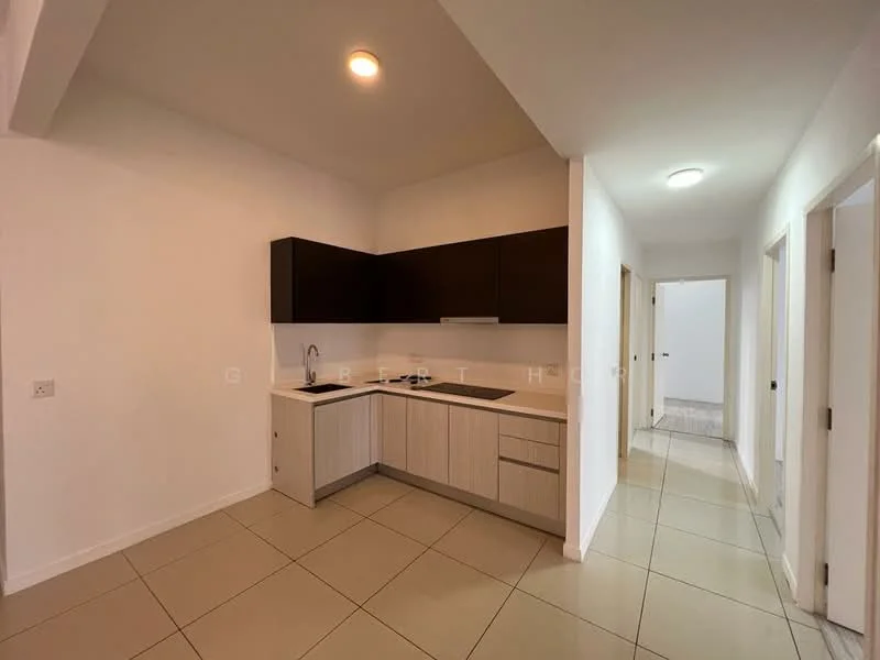 Kitchen features: white painted walls, light grey cabinetry, black upper cabinets, ceramic tile flooring, single-bowl stainless-steel sink, chrome pull-down faucet, built-in stove, extraction hood, countertop with space for appliances, recessed downlights; style: modern. Room features: white painted walls, ceramic tile flooring, doorways leading to other rooms, recessed ceiling light.