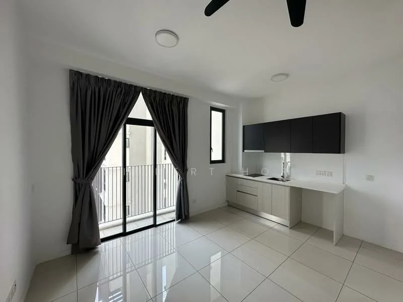 Kitchen features: white painted walls, grey cabinetry, countertop with integrated sink, stainless-steel sink, chrome pull-down faucet, built-in kitchen cabinets, floor-to-ceiling windows, sliding glass door, ceramic tile flooring, recessed downlights, ceiling fan; style: modern; view: city.