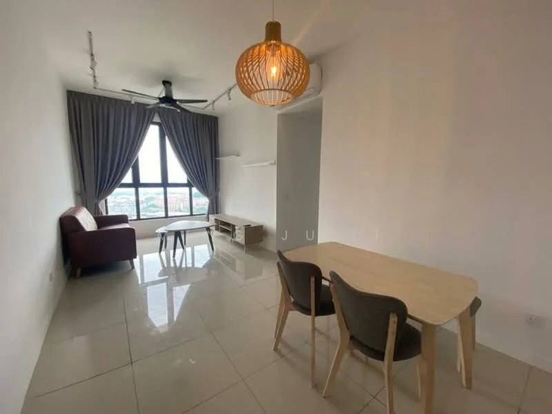Living features: floor-to-ceiling windows, grey curtains, 3-blade ceiling fan, wooden coffee table, 2-seater fabric sofa in red, TV console, glossy tile flooring, decorative pendant light; style: modern; view: city.