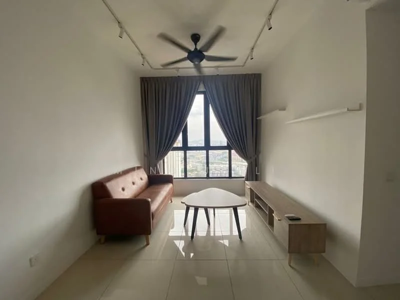 Living features: 3-seater brown leather sofa, coffee table, TV console, floor-to-ceiling window, curtains, ceiling fan, white painted walls, glossy tile flooring; style: modern; view: city.
