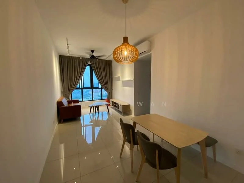 Living features: floor-to-ceiling windows, grey curtains, 3-seater fabric sofa in red, wooden coffee table, TV console, pendant light, 5-blade ceiling fan, glossy tile flooring, neutral painted walls, dining table with 4 chairs; style: modern; view: city.