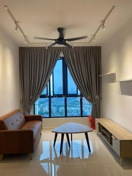 Living features: 3-seater brown leather sofa, wooden coffee table with angled legs, TV console with open shelving, floor-to-ceiling windows, grey curtains, recessed downlights, ceiling fan, glossy tile flooring, city view; style: modern; view: city.