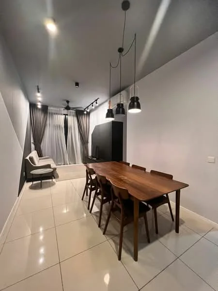 Dining features: rectangular wooden dining table, 6 wooden dining chairs, white painted walls, glossy white tile flooring, floor-to-ceiling windows with sheer curtains, black entertainment unit, 3 pendant lights, recessed downlights, corner seating area with fabric armchair; style: modern.