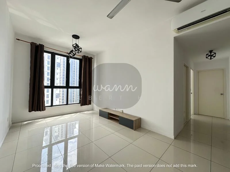 Living features: white painted walls, glossy tile flooring, floor-to-ceiling windows, blackout curtains, ceiling fan, LED pendant light, TV console, neutral color palette; style: modern; view: city. Room features: white painted walls, glossy tile flooring, doorway leading to another room.