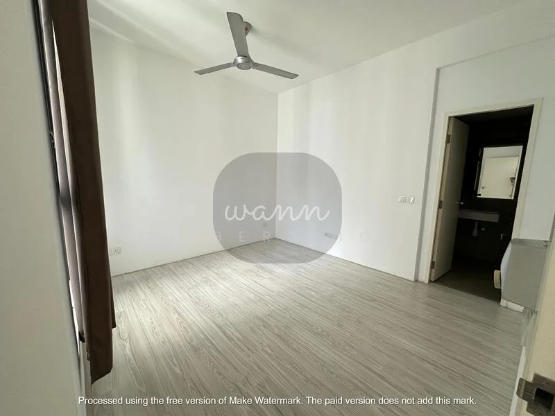 Room features: light wood laminate flooring, white painted walls, ceiling fan, window with brown curtains, doorway leading to bathroom, no visible furniture; style: minimalist.
